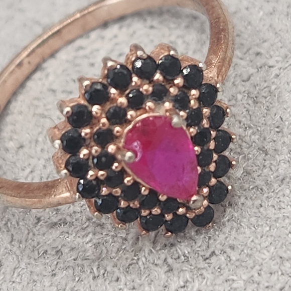 Ruby Pear Halo Ring 6.5 Sterling Silver 925 Black Diamonds Statement Whimsigoth - Picture 2 of 11